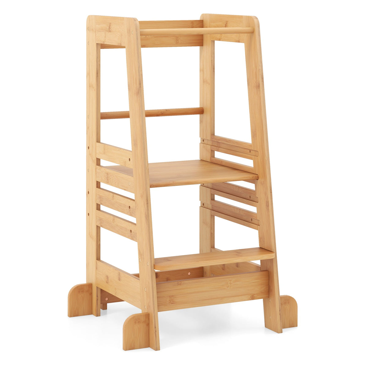 Bamboo Kids Kitchen Step Stool with Adjustable Height & Safety Rails-Natural