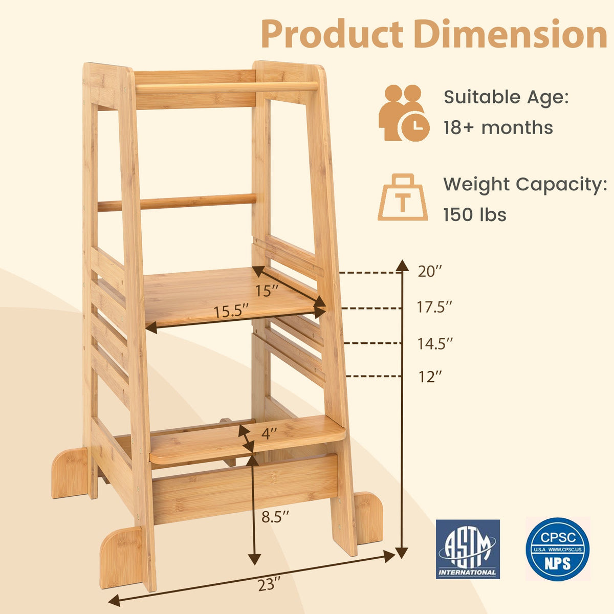 Bamboo Kids Kitchen Step Stool with Adjustable Height & Safety Rails-Natural