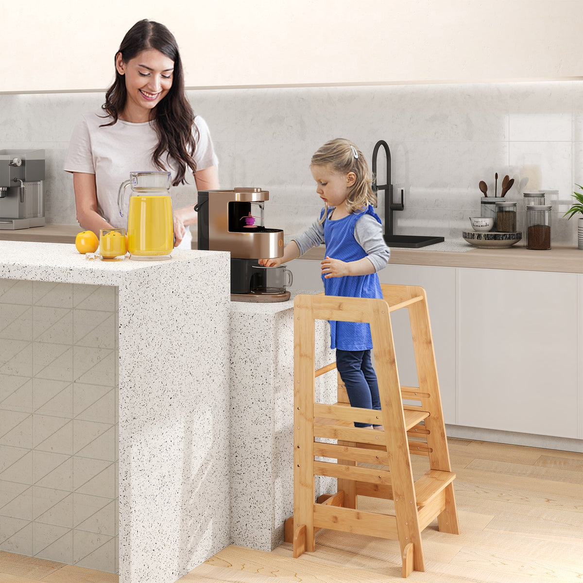 Bamboo Kids Kitchen Step Stool with Adjustable Height & Safety Rails-Natural