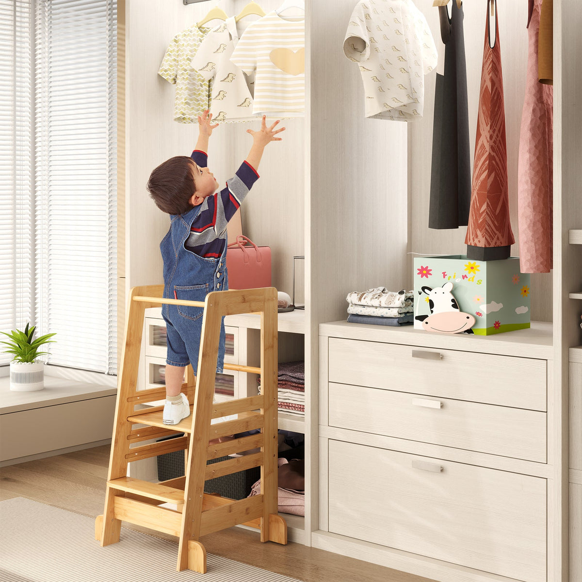Bamboo Kids Kitchen Step Stool with Adjustable Height & Safety Rails-Natural