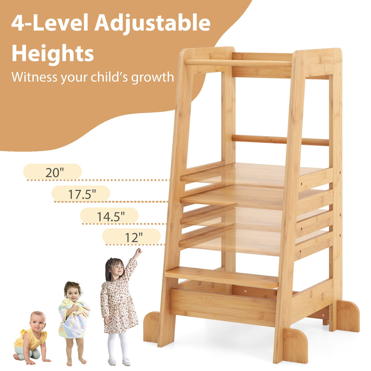Bamboo Kids Kitchen Step Stool with Adjustable Height & Safety Rails-Natural