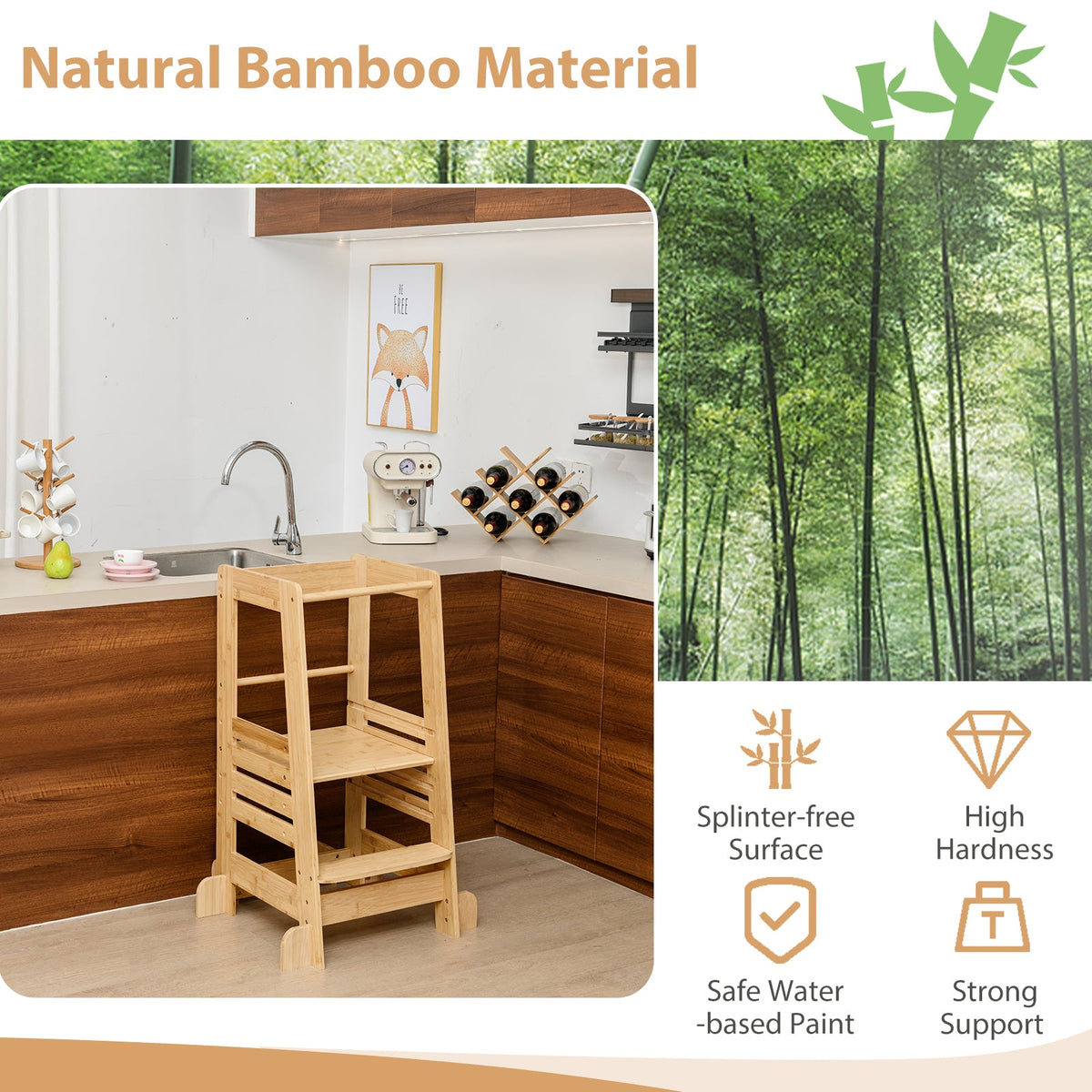 Bamboo Kids Kitchen Step Stool with Adjustable Height & Safety Rails-Natural