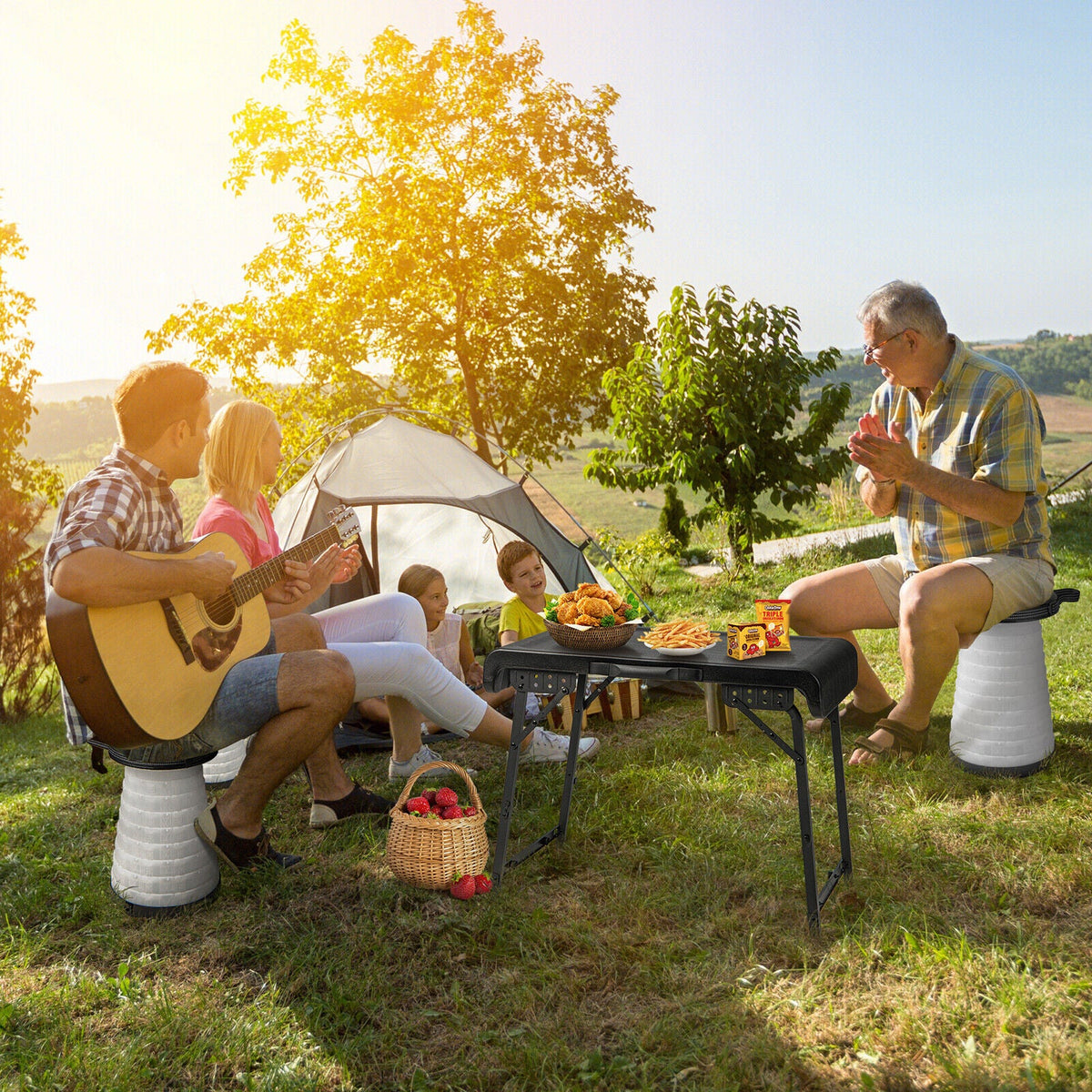 3 Pieces Folding Camping Table Stool Set Black