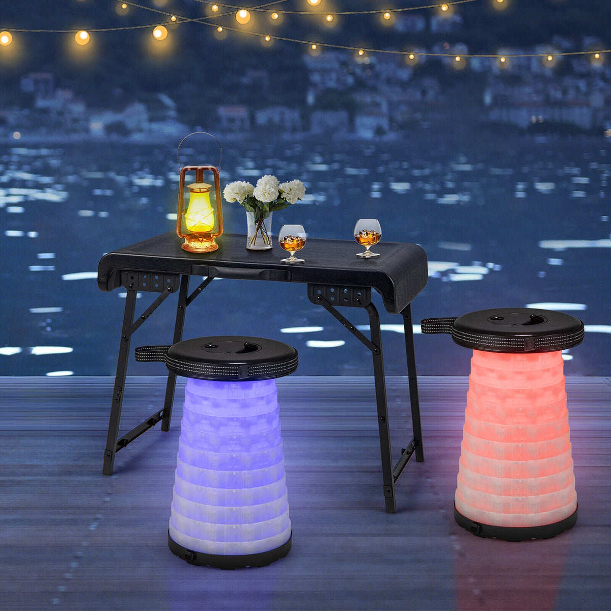 3 Pieces Folding Camping Table Stool Set Black