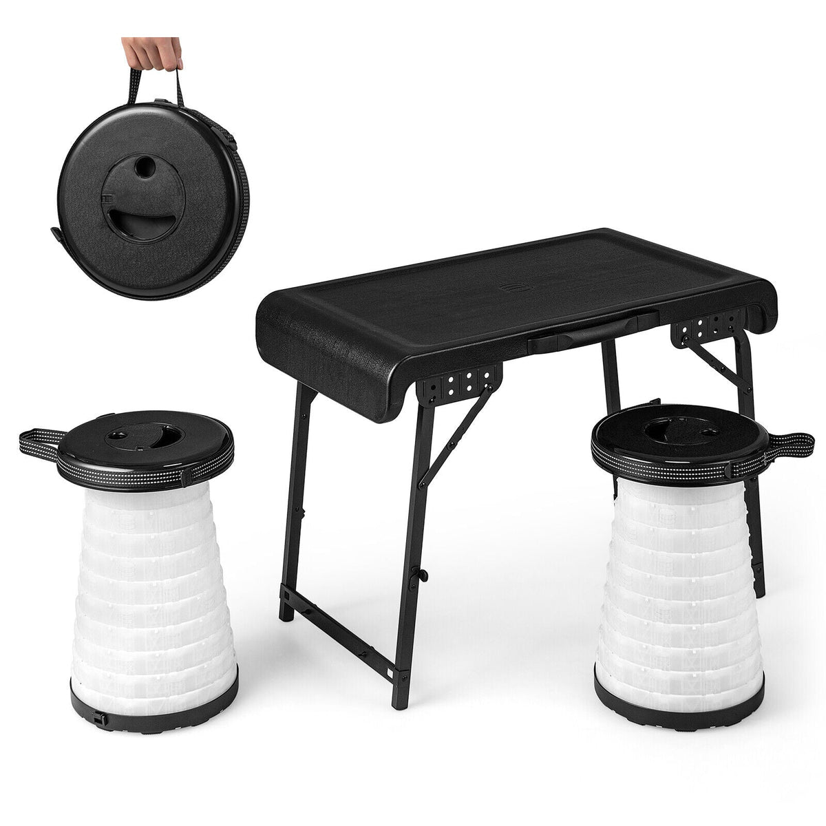 3 Pieces Folding Camping Table Stool Set Black