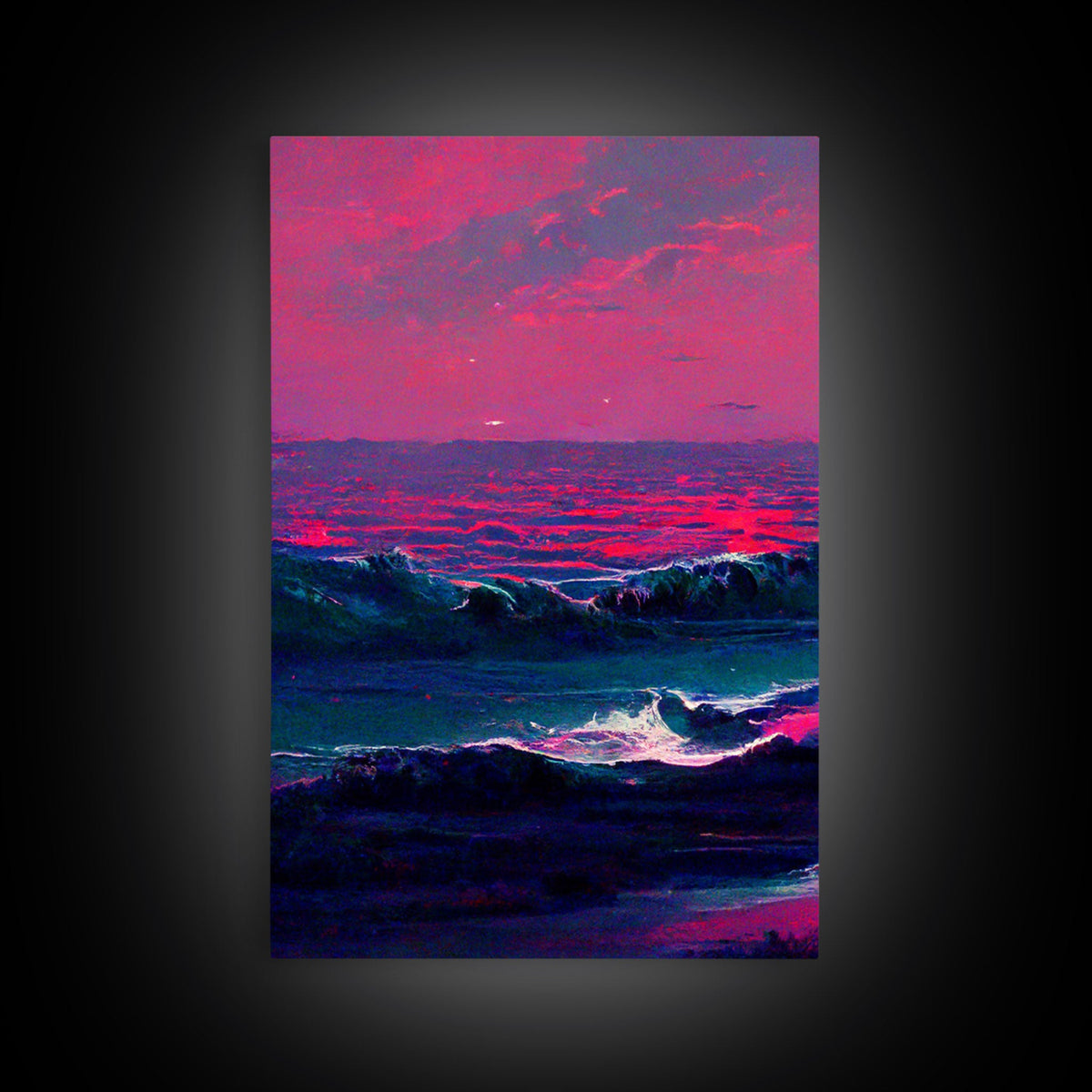 Outrun Style Synthwave Sunset Ocean Waves, 3 Piece Canvas Print