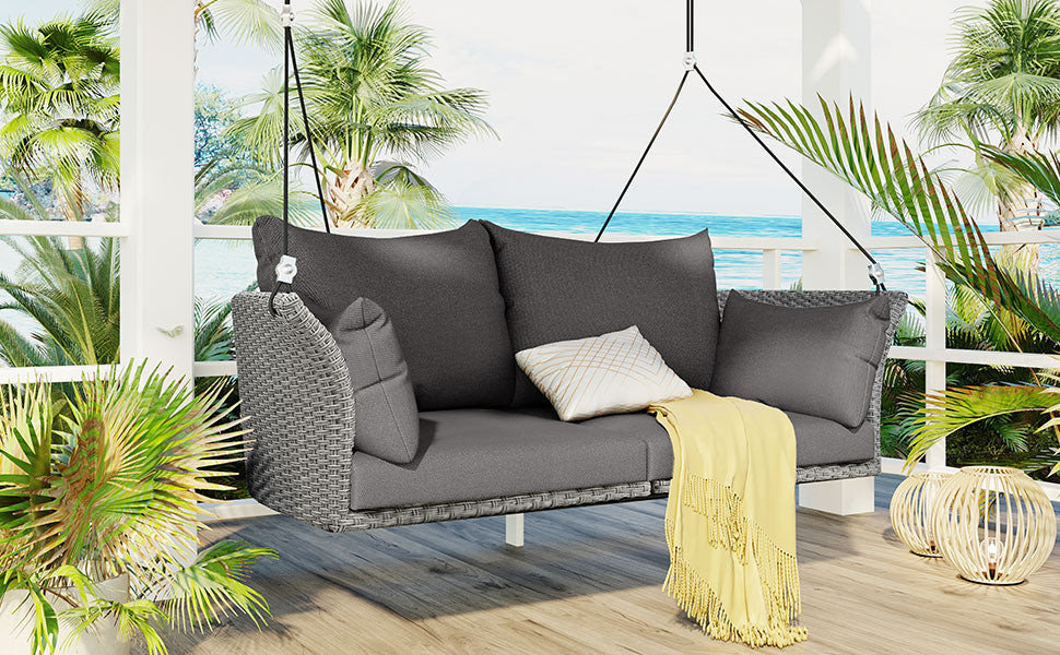 2-Person Rattan Woven Swing Chair, Gray Wicker And Cushion