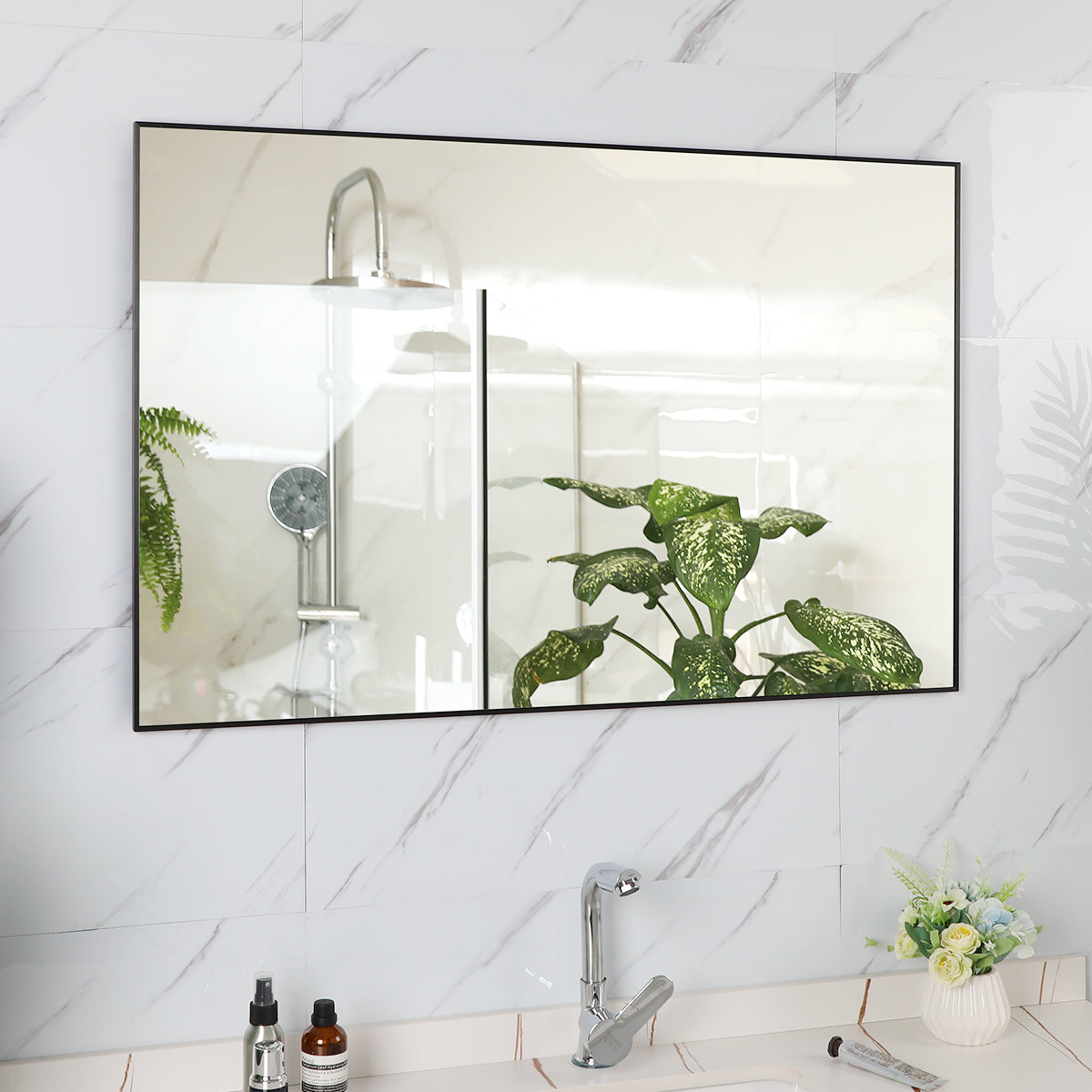 36x24 inch Modern Black Bathroom Mirror with Aluminum Frame