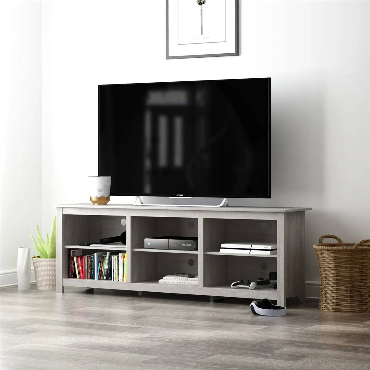 Farmhouse Style TV Stand in Light Grey Oak Wood Finish