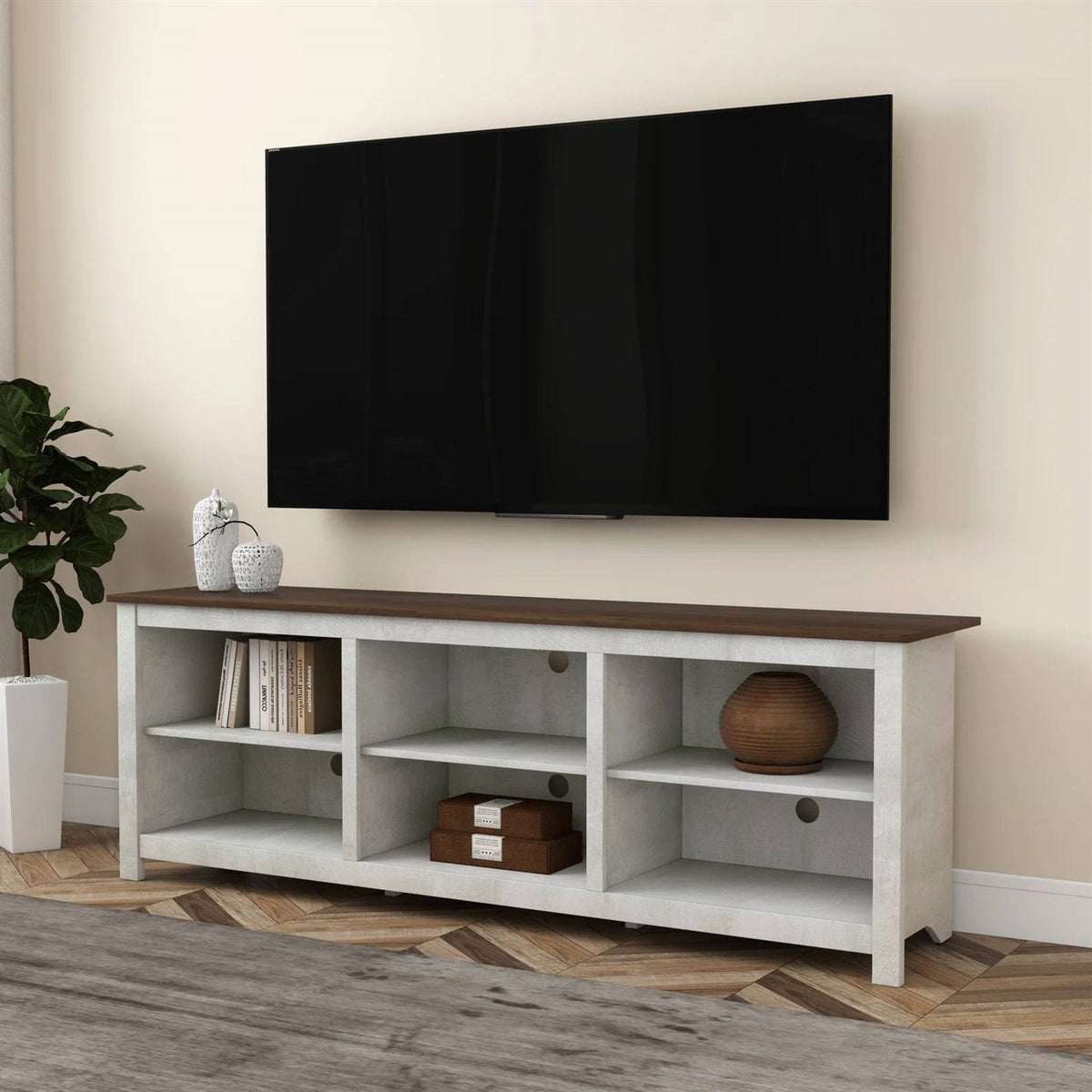 Farmhouse TV Stand in Grey Oak with Brown Wood Finish Top
