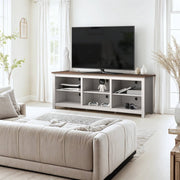Farmhouse TV Stand in Grey Oak with Brown Wood Finish Top