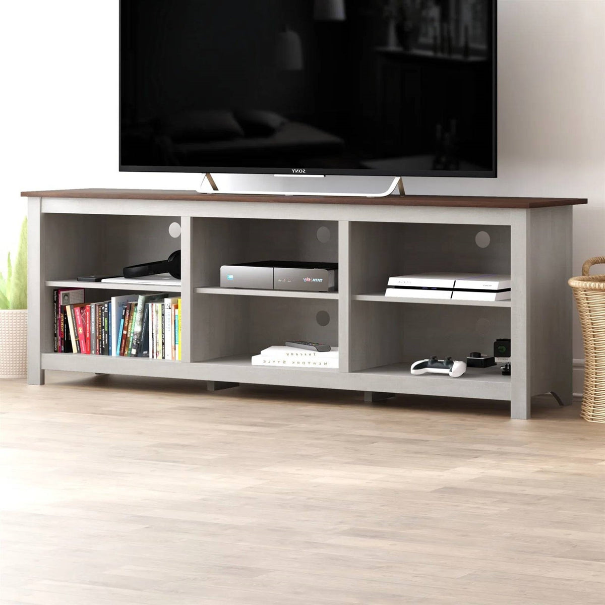 Farmhouse TV Stand in Grey Oak with Brown Wood Finish Top