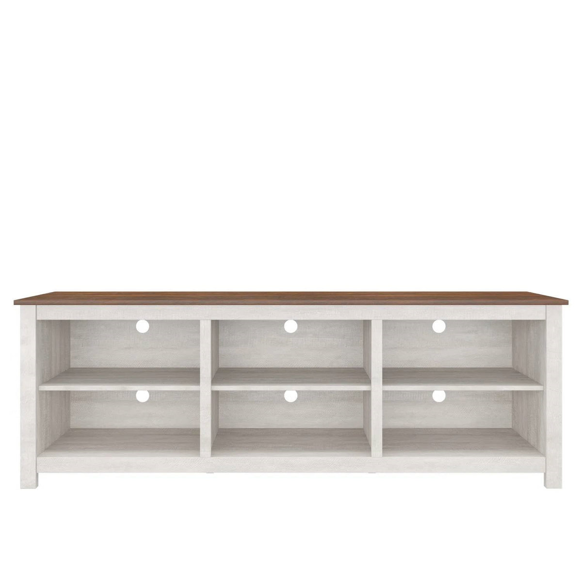 Farmhouse TV Stand in Grey Oak with Brown Wood Finish Top