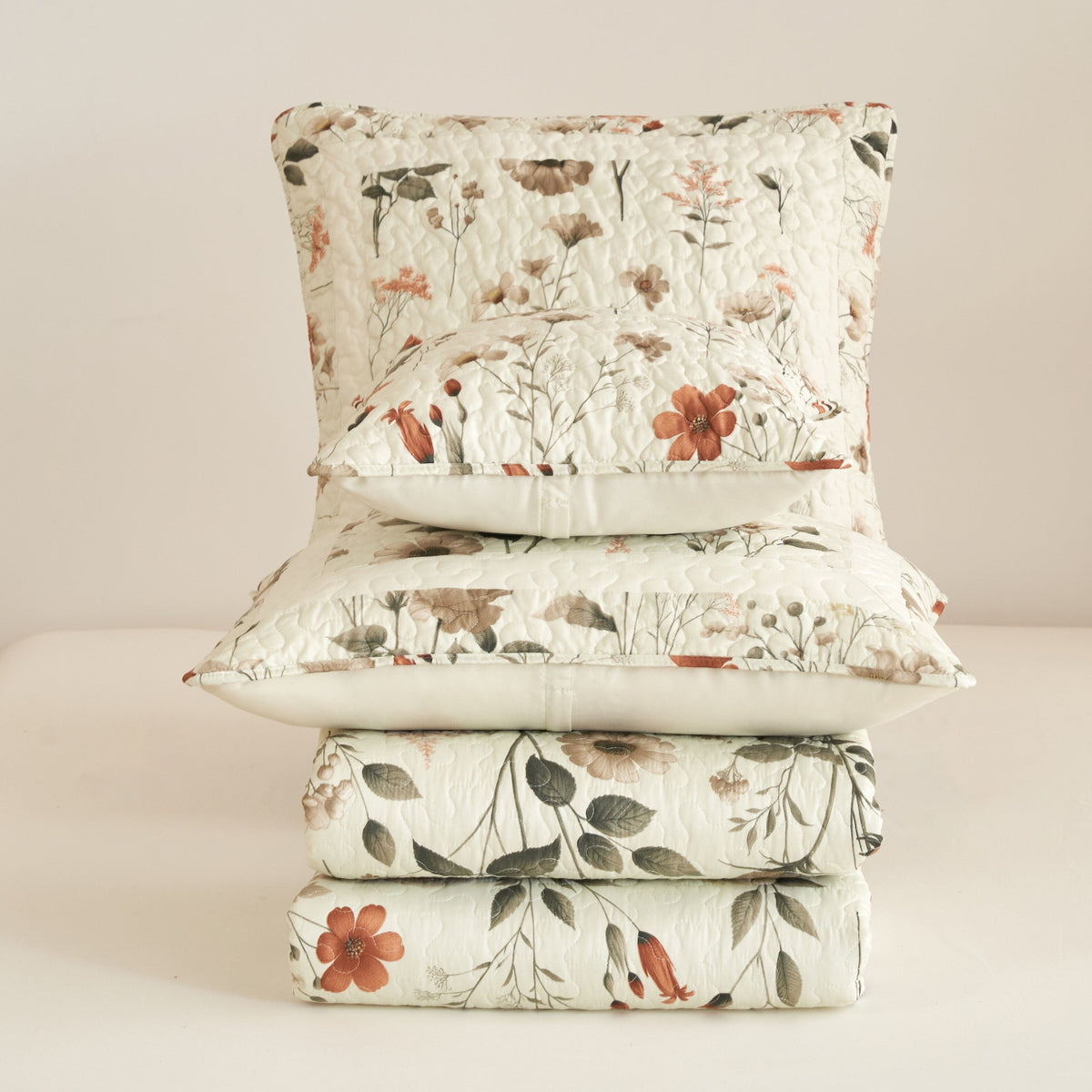 Enchanted Meadow Throw Pillow Euro Cover - Floral Design in Beige, Rose, and Soft Green