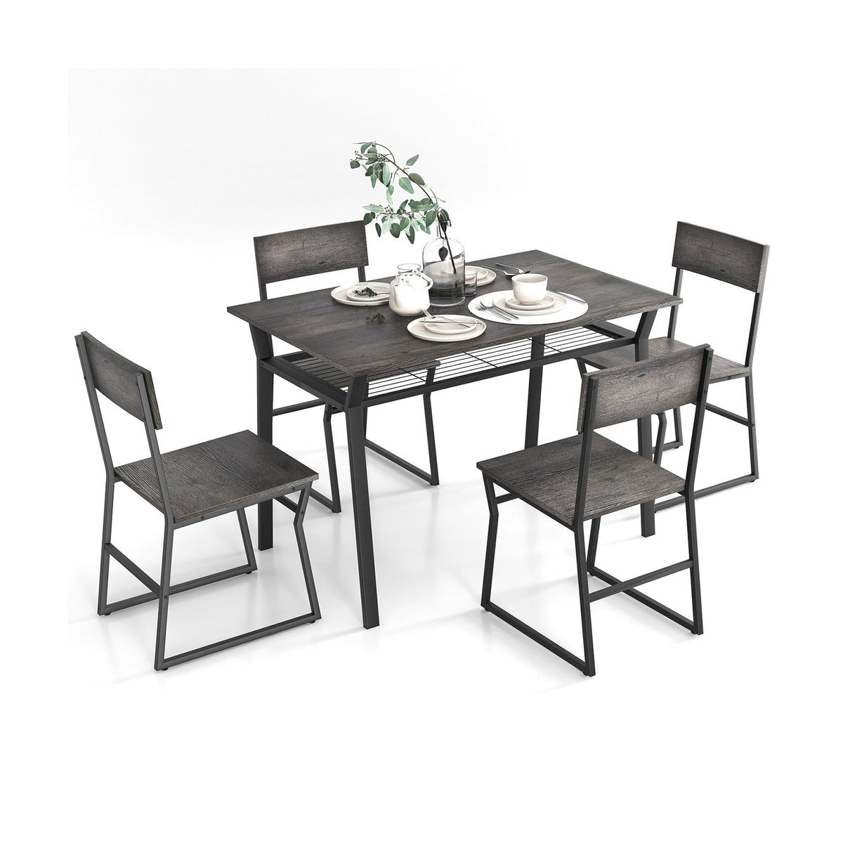 5 Piece Dining Table Set with Storage Rack - Gray