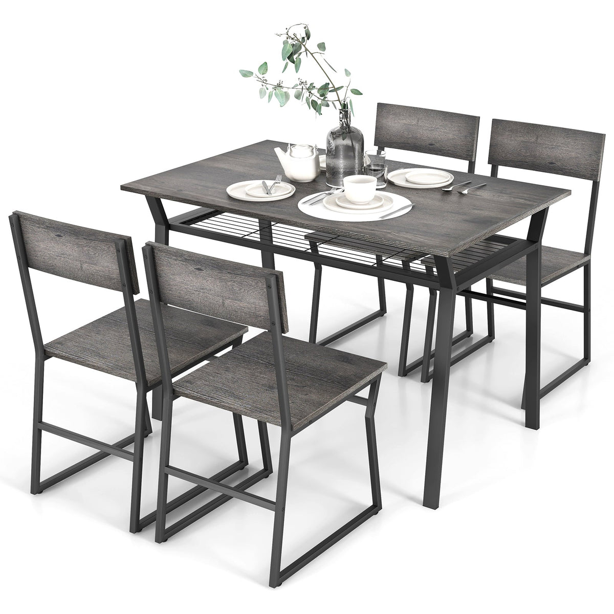 5 Piece Dining Table Set with Storage Rack - Gray