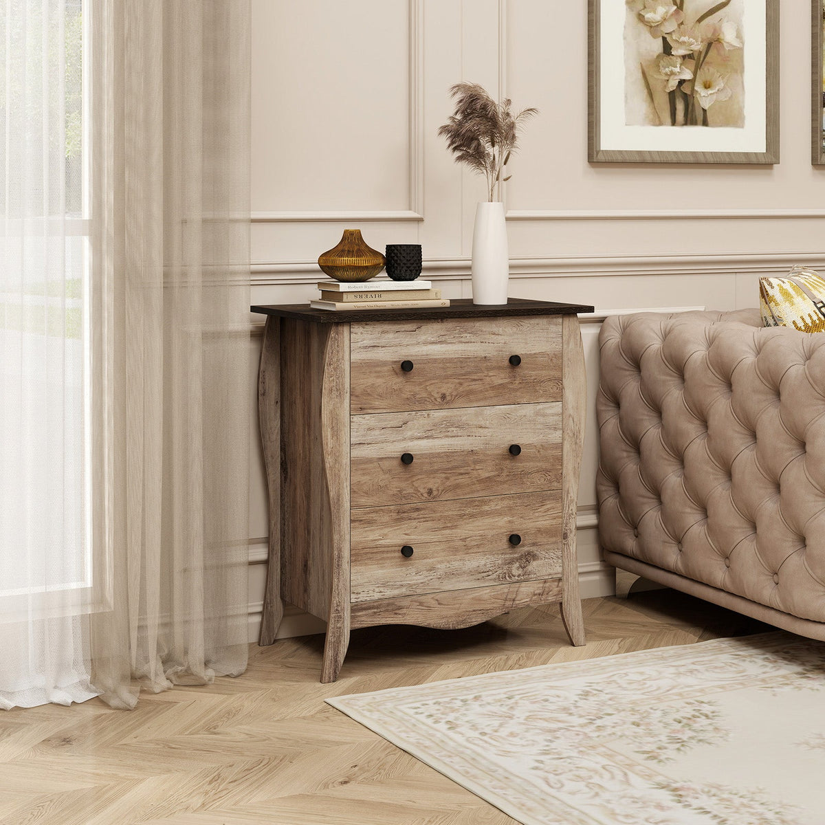 Dresser for Bedroom with 3 Folding Fabric Drawers & Anti-tipping Kit-Brown