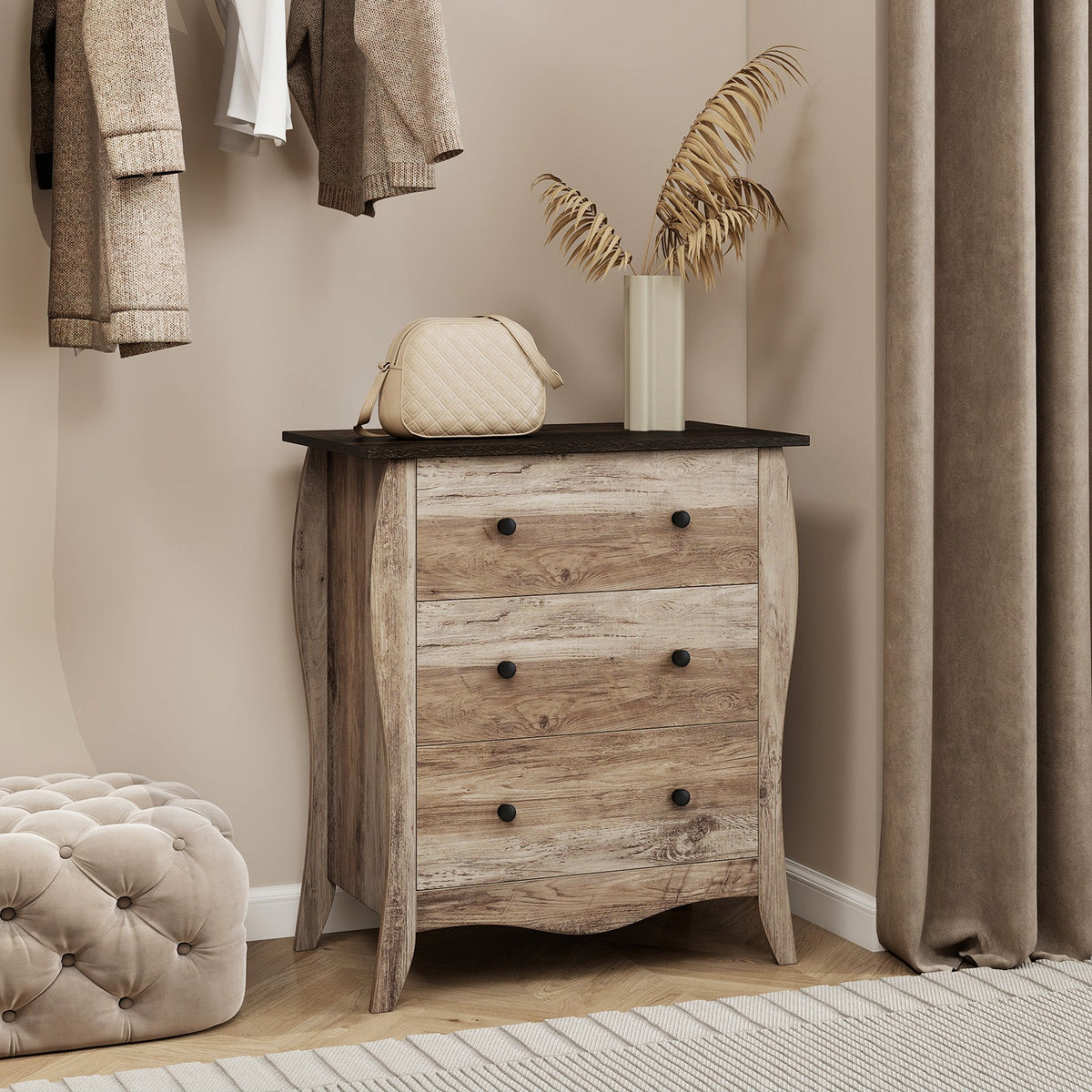 Dresser for Bedroom with 3 Folding Fabric Drawers & Anti-tipping Kit-Brown