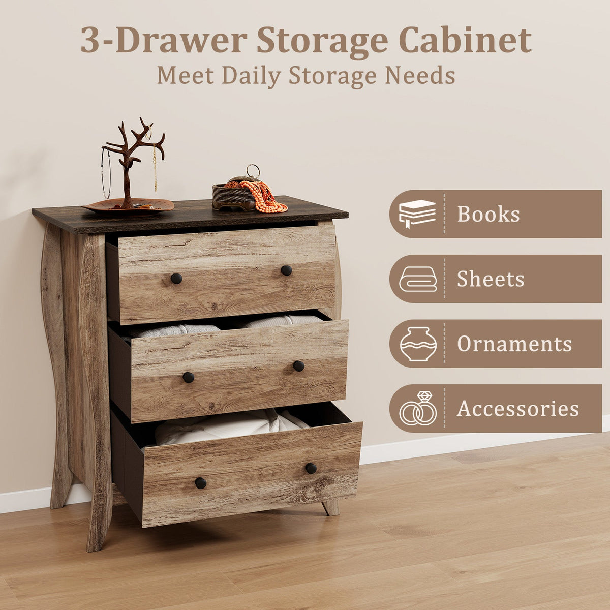 Dresser for Bedroom with 3 Folding Fabric Drawers & Anti-tipping Kit-Brown