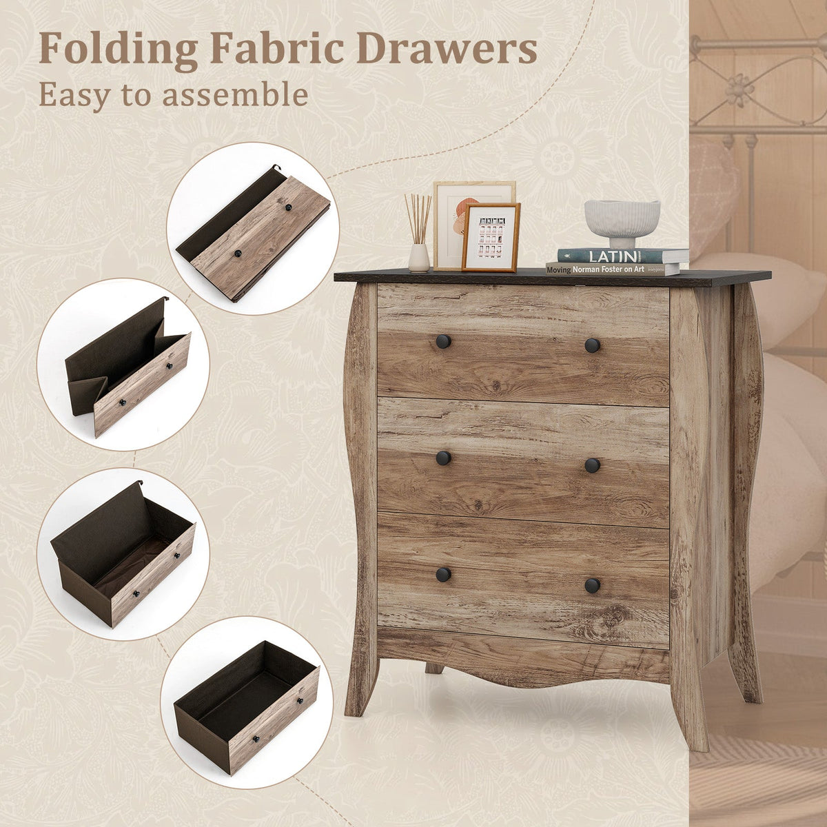 Dresser for Bedroom with 3 Folding Fabric Drawers & Anti-tipping Kit-Brown