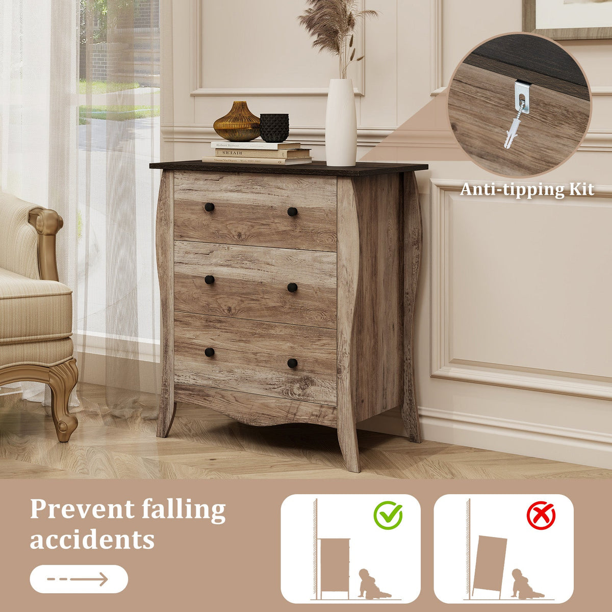 Dresser for Bedroom with 3 Folding Fabric Drawers & Anti-tipping Kit-Brown