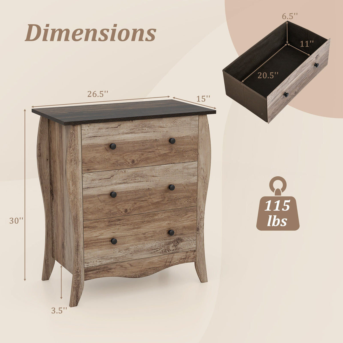 Dresser for Bedroom with 3 Folding Fabric Drawers & Anti-tipping Kit-Brown