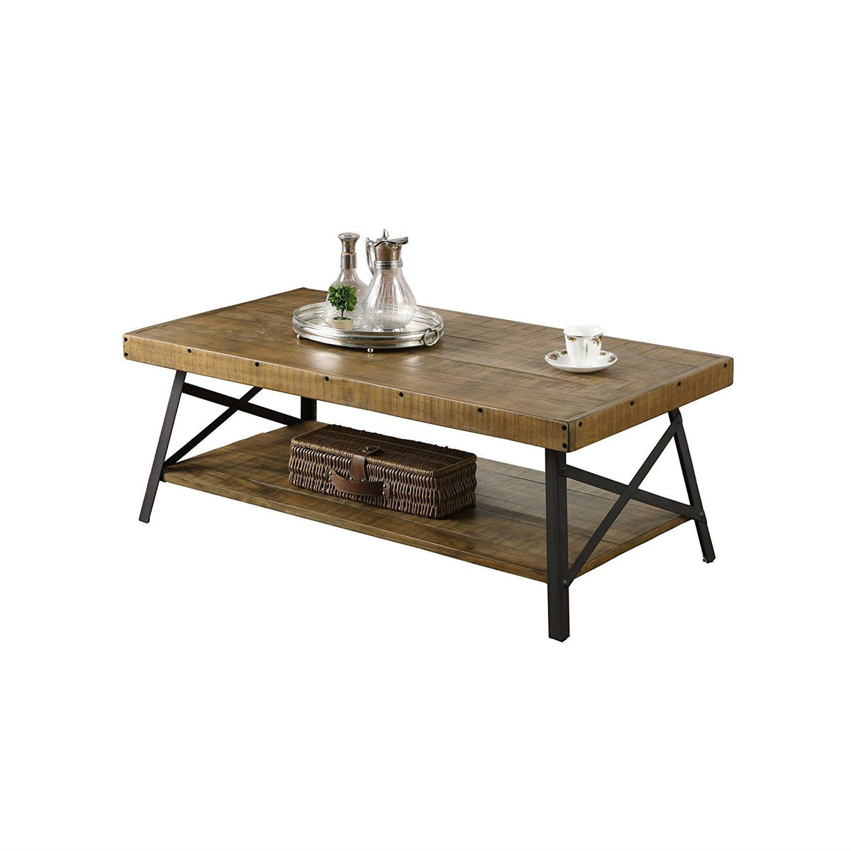 Industrial Style Solid Wood Coffee Table with Steel Legs