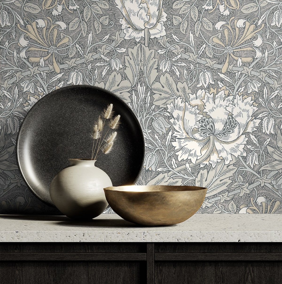 Ogee Flora Vintage Unpasted Wallpaper