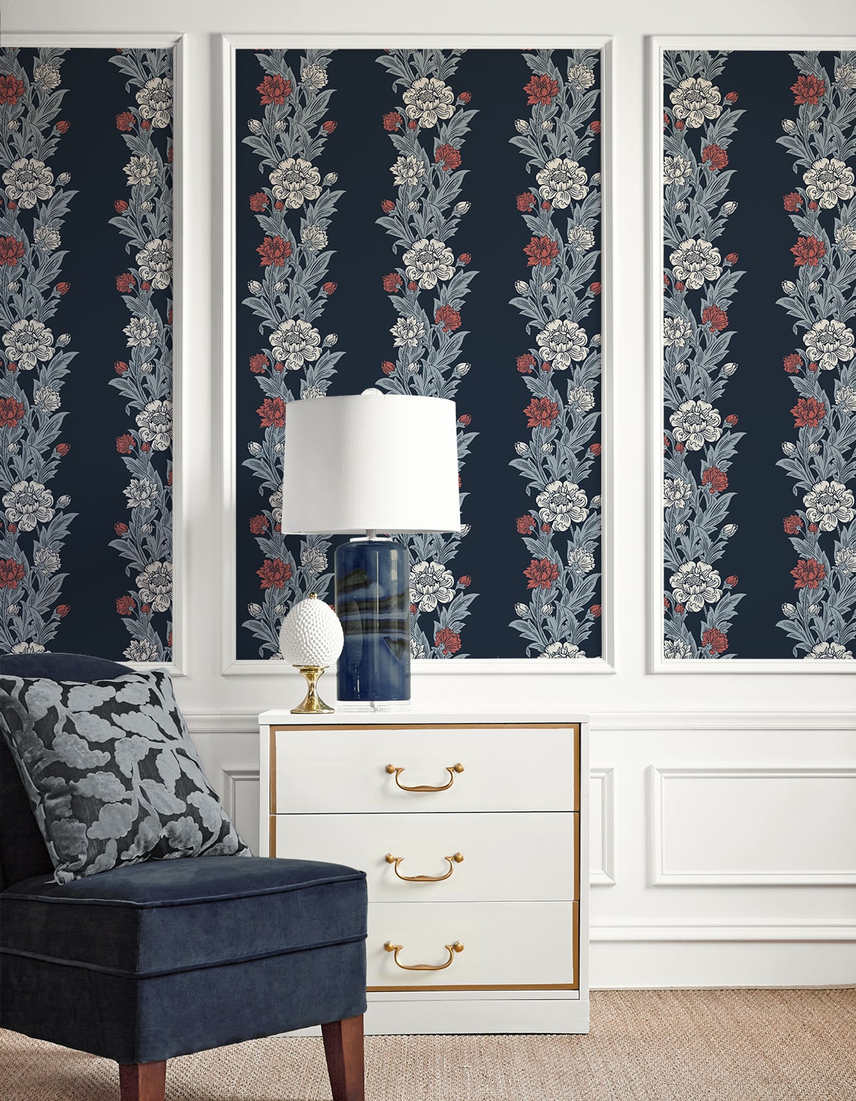 Blooming Floral Stripe Vintage Unpasted Wallpaper