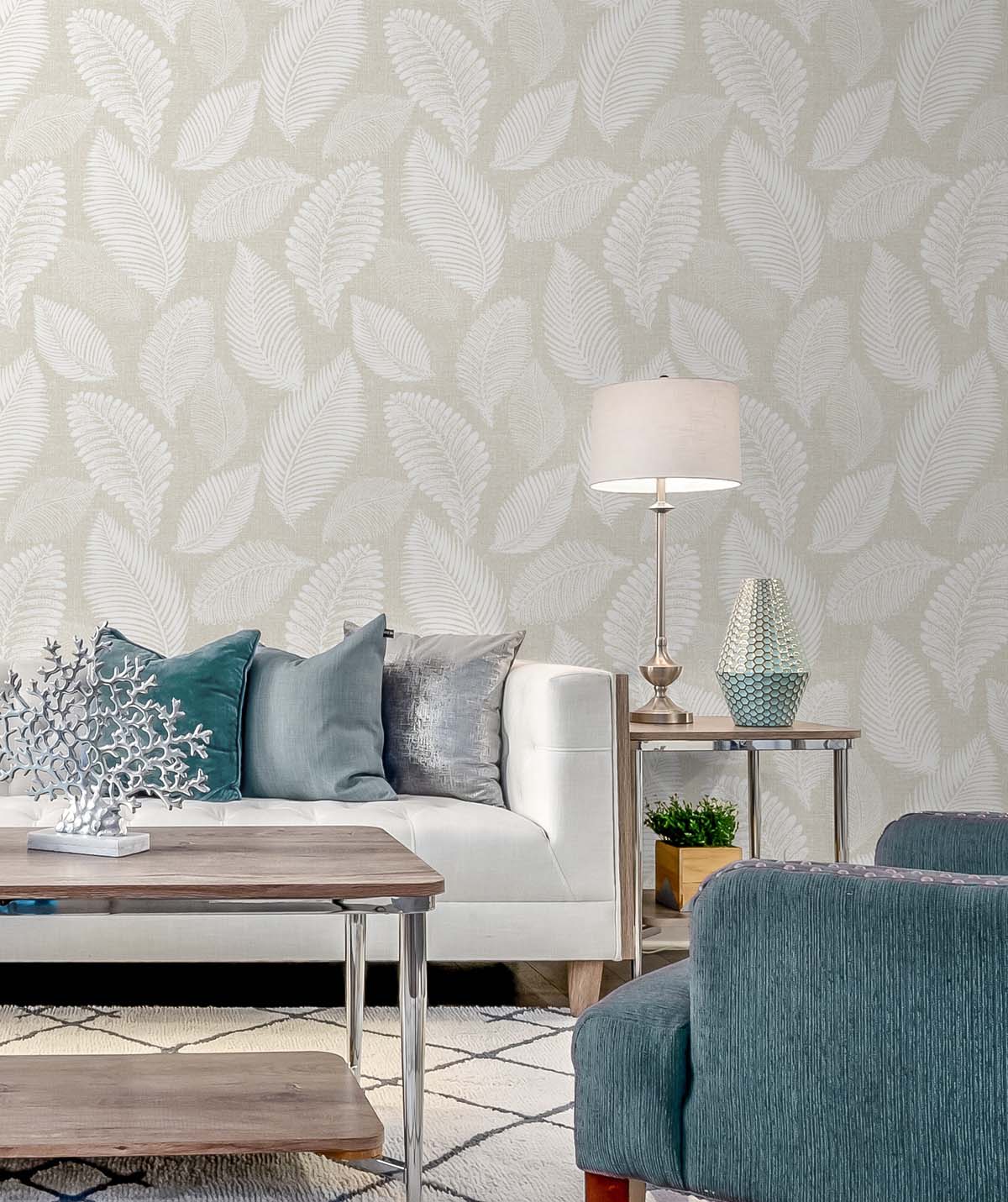 White Heron Tossed Leaves Botanical Unpasted Wallpaper