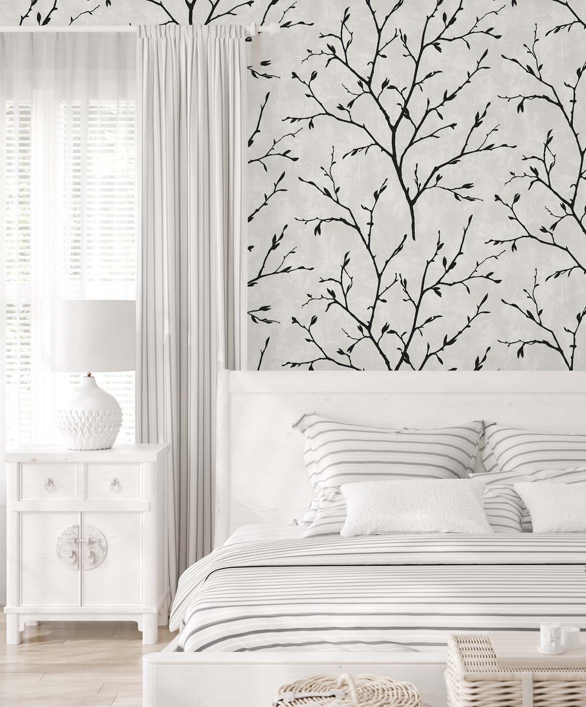 White Heron Avena Branches Botanical Unpasted Wallpaper