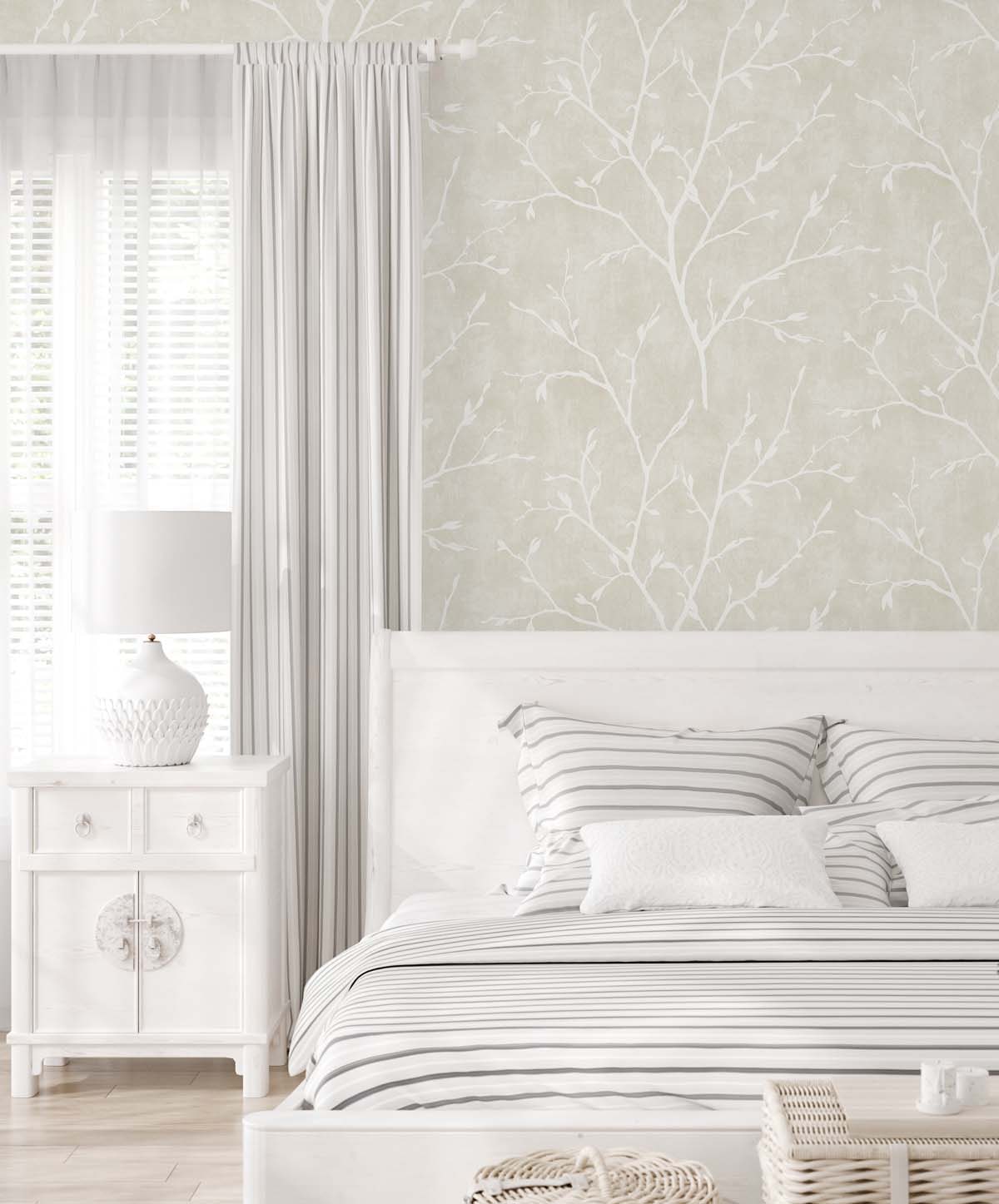 White Heron Avena Branches Botanical Unpasted Wallpaper