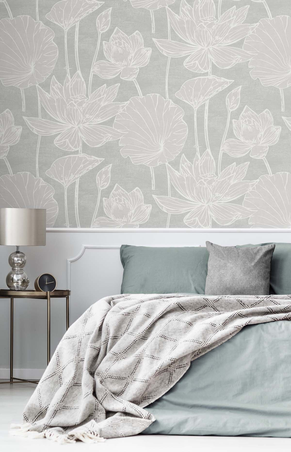 White Heron Water Lilies Floral Unpasted Wallpaper