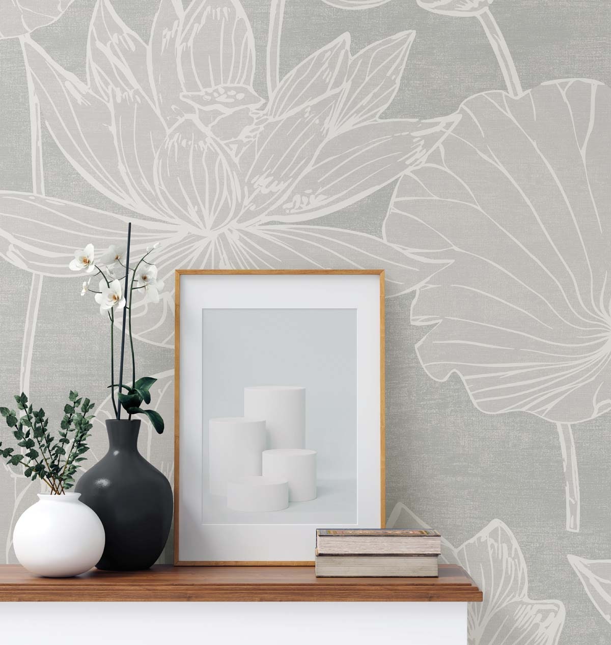 White Heron Water Lilies Floral Unpasted Wallpaper