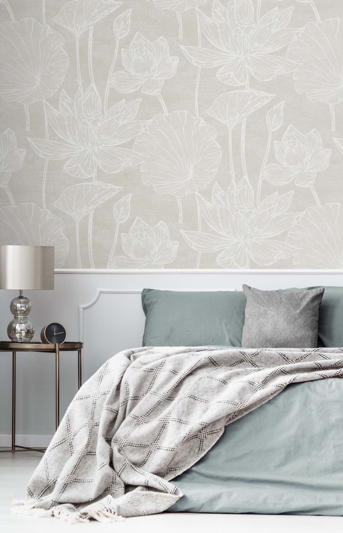 White Heron Water Lilies Floral Unpasted Wallpaper