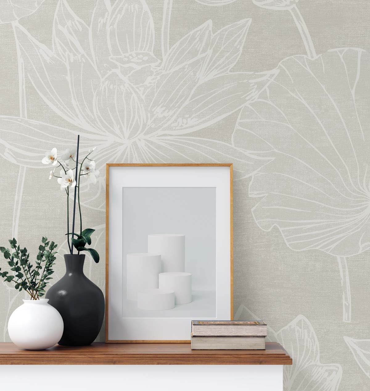 White Heron Water Lilies Floral Unpasted Wallpaper