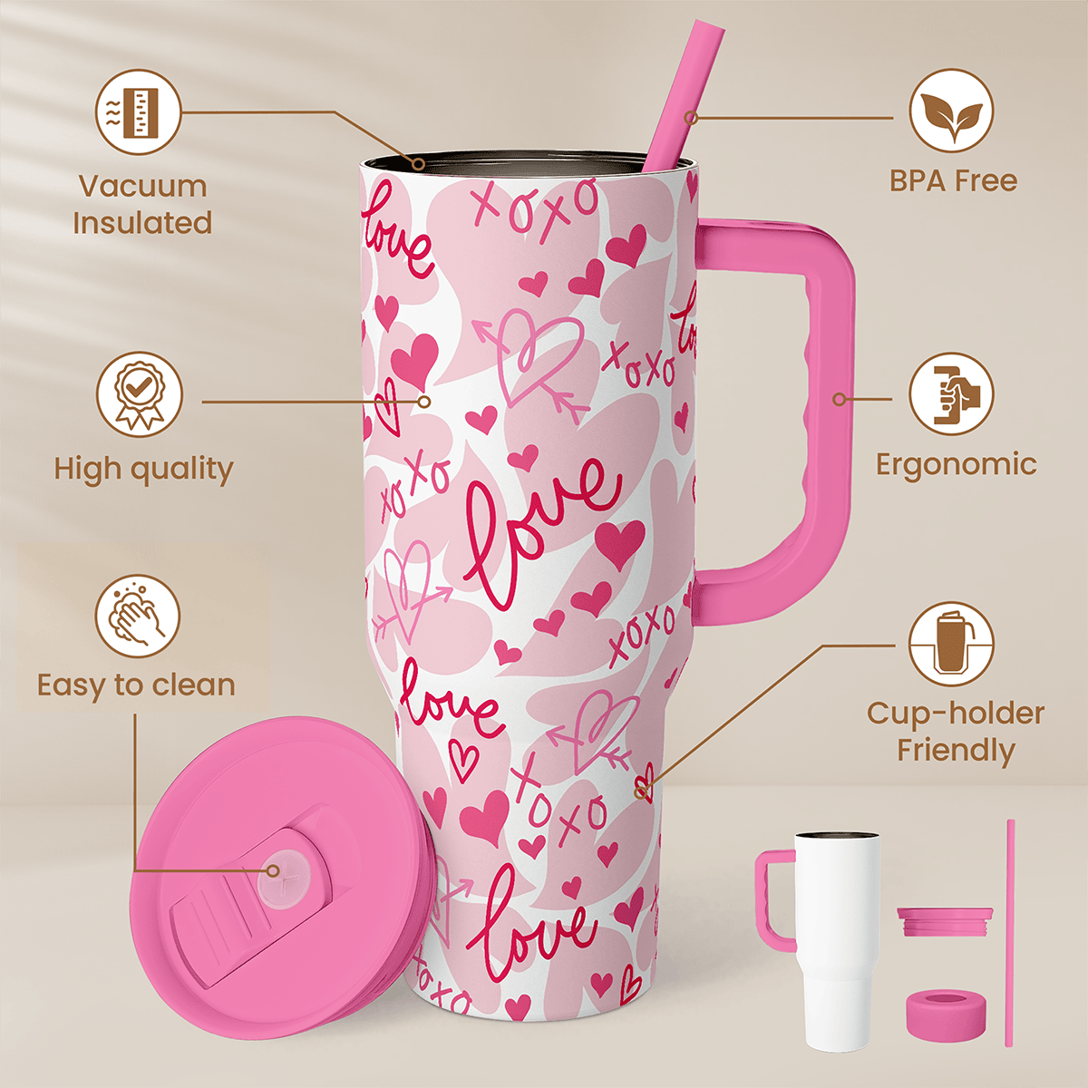 Valentine's Pink Heart Tumbler with Handle & Straw - 40oz