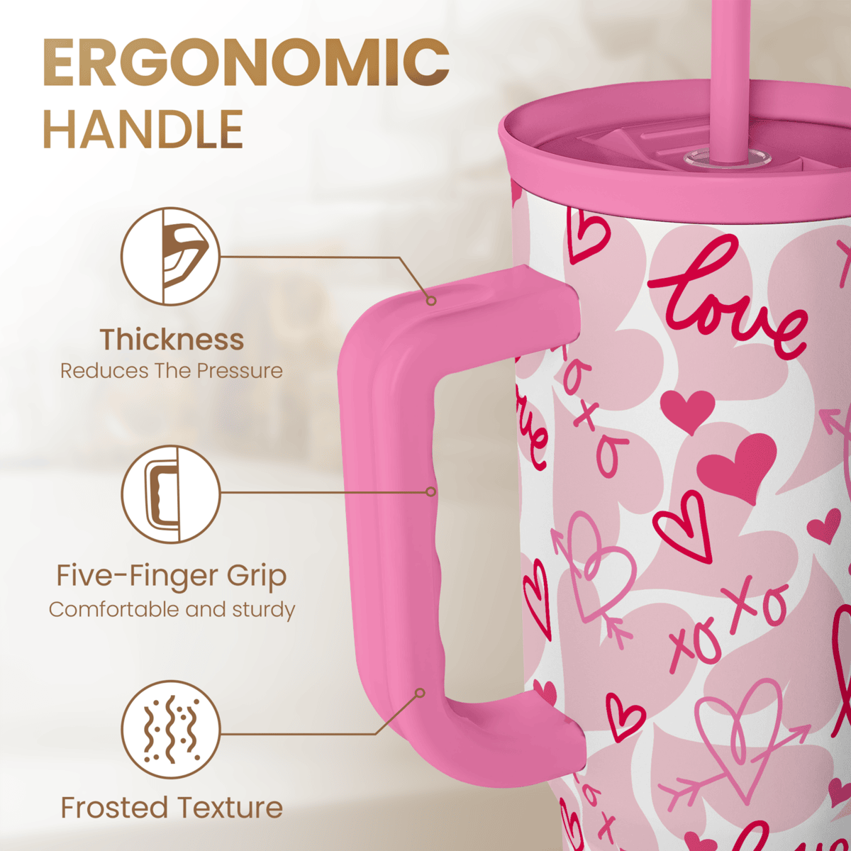 Valentine's Pink Heart Tumbler with Handle & Straw - 40oz
