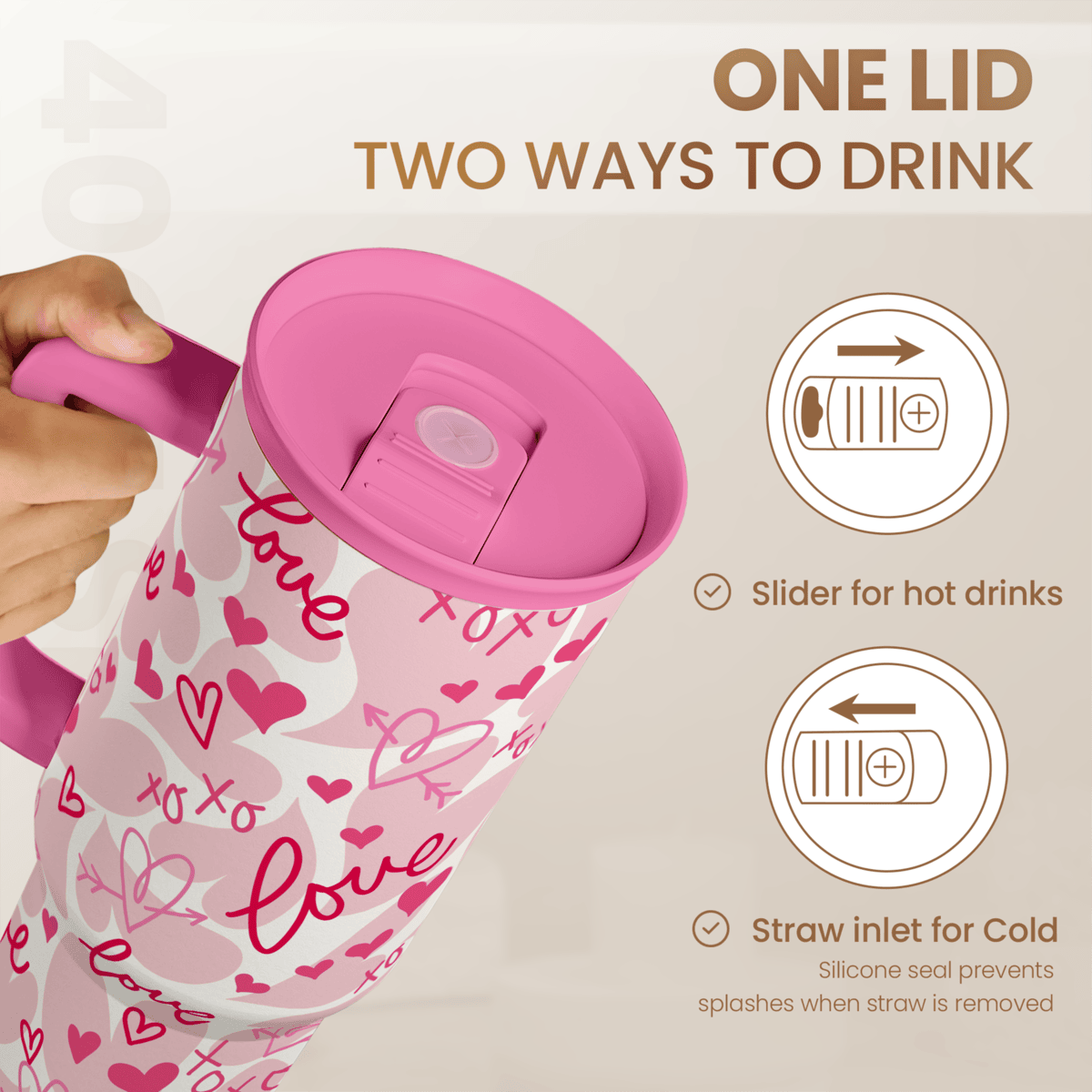 Valentine's Pink Heart Tumbler with Handle & Straw - 40oz