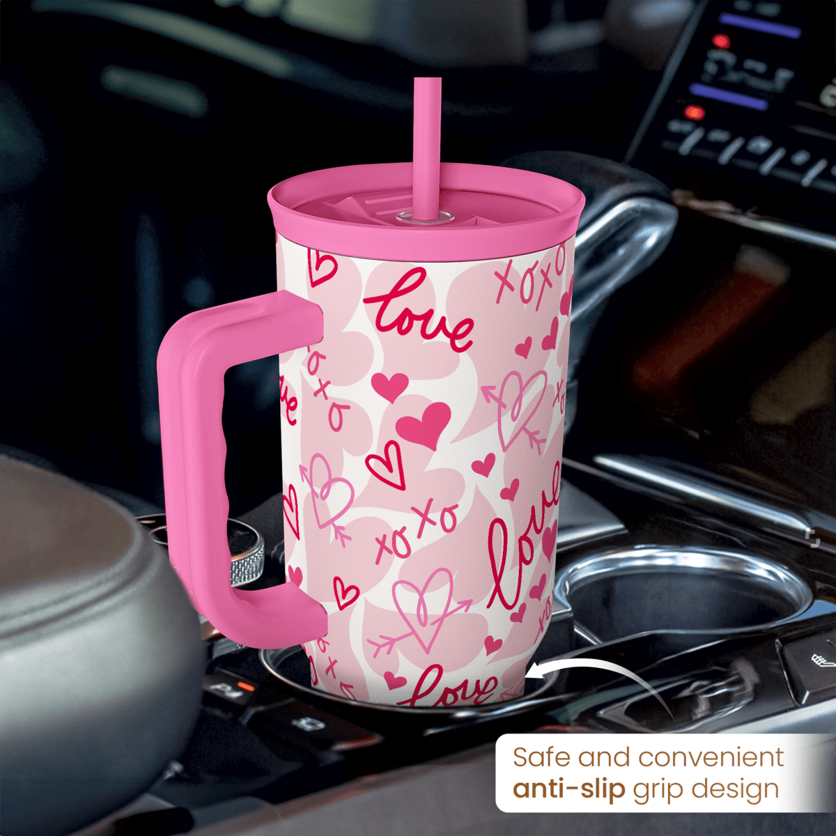 Valentine's Pink Heart Tumbler with Handle & Straw - 40oz
