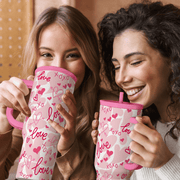 Valentine's Pink Heart Tumbler with Handle & Straw - 40oz