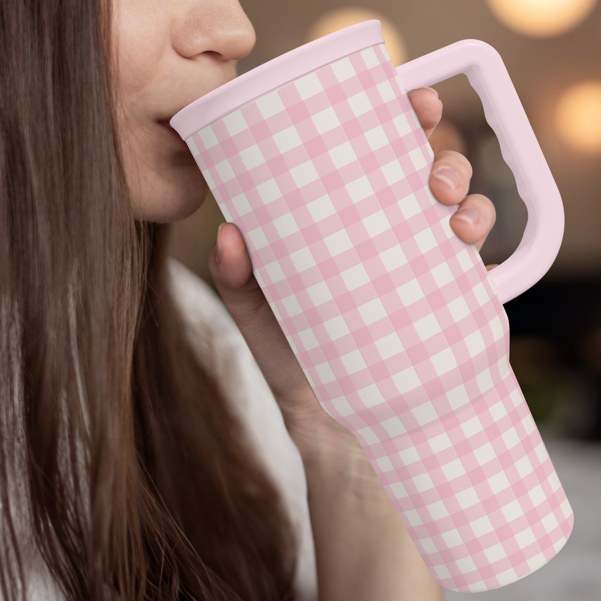Pink Gingham 40oz Slider with Handle and Straw - Valentine's Day Tumbler
