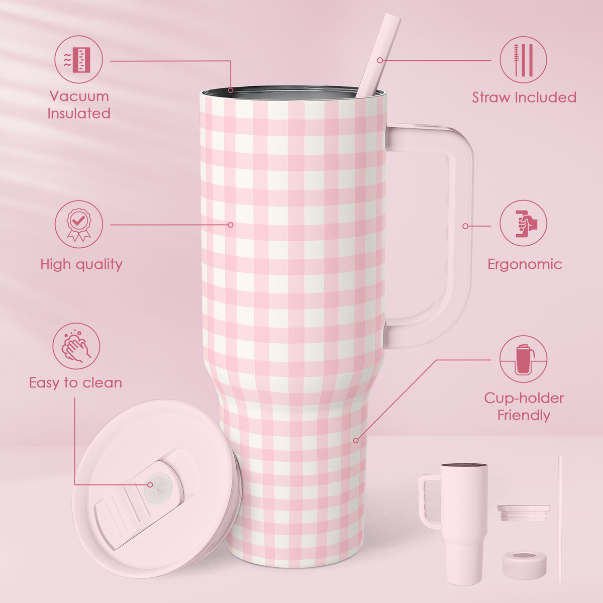 Pink Gingham 40oz Slider with Handle and Straw - Valentine's Day Tumbler