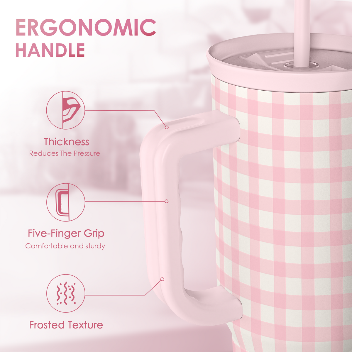 Pink Gingham 40oz Slider with Handle and Straw - Valentine's Day Tumbler
