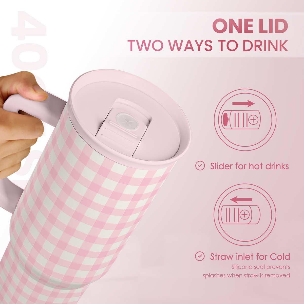 Pink Gingham 40oz Slider with Handle and Straw - Valentine's Day Tumbler
