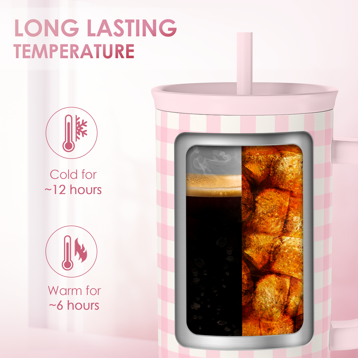 Pink Gingham 40oz Slider with Handle and Straw - Valentine's Day Tumbler