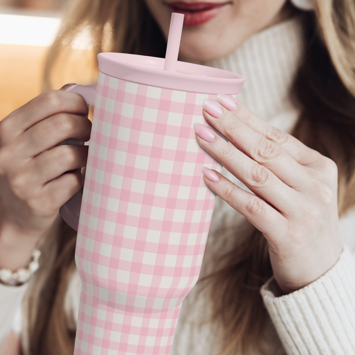 Pink Gingham 40oz Slider with Handle and Straw - Valentine's Day Tumbler