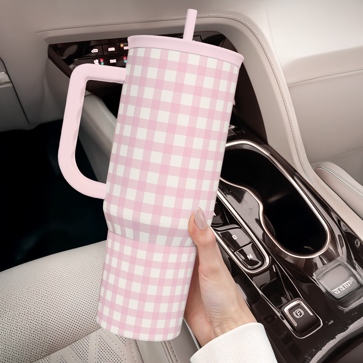 Pink Gingham 40oz Slider with Handle and Straw - Valentine's Day Tumbler