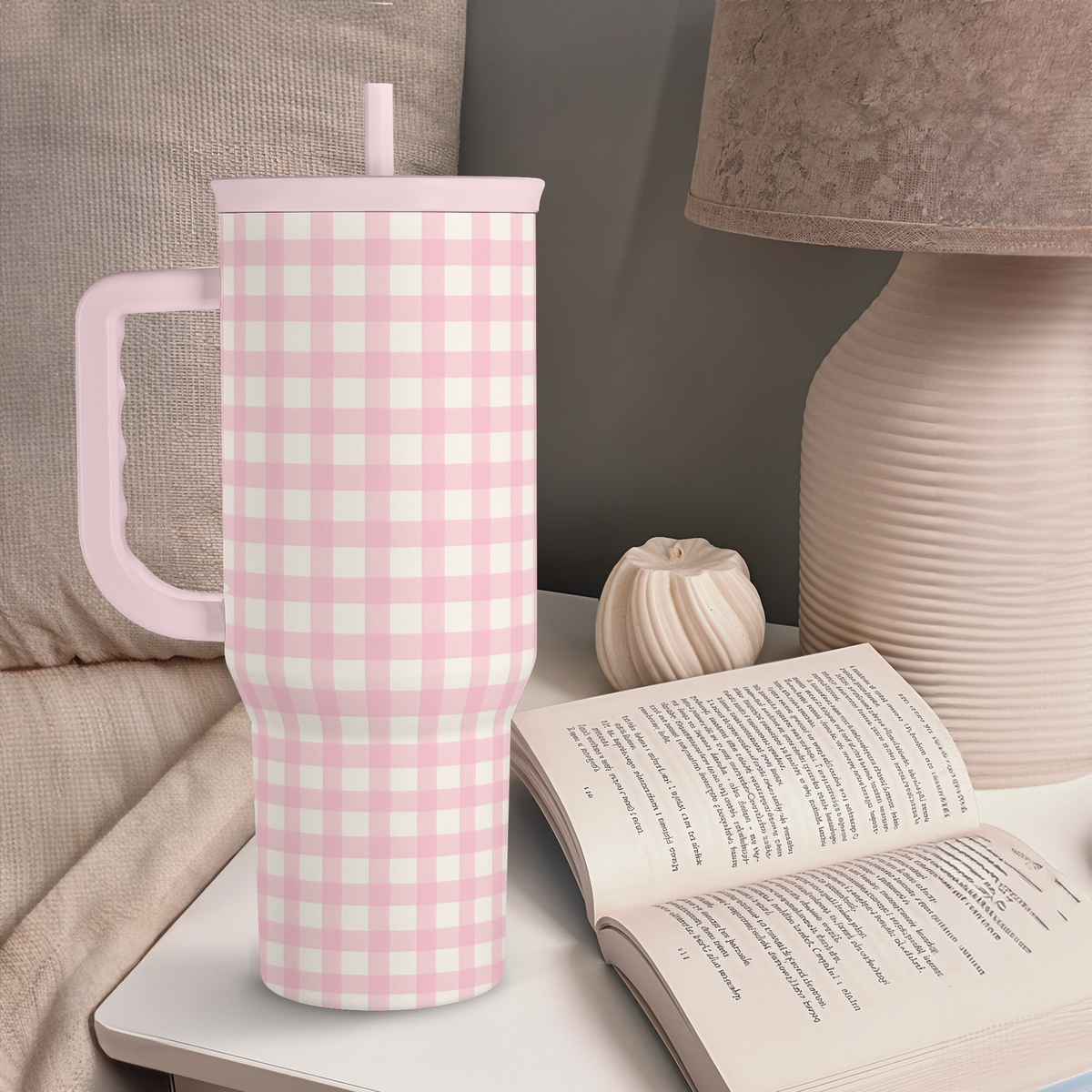 Pink Gingham 40oz Slider with Handle and Straw - Valentine's Day Tumbler