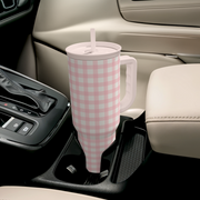 Pink Gingham 40oz Slider with Handle and Straw - Valentine's Day Tumbler